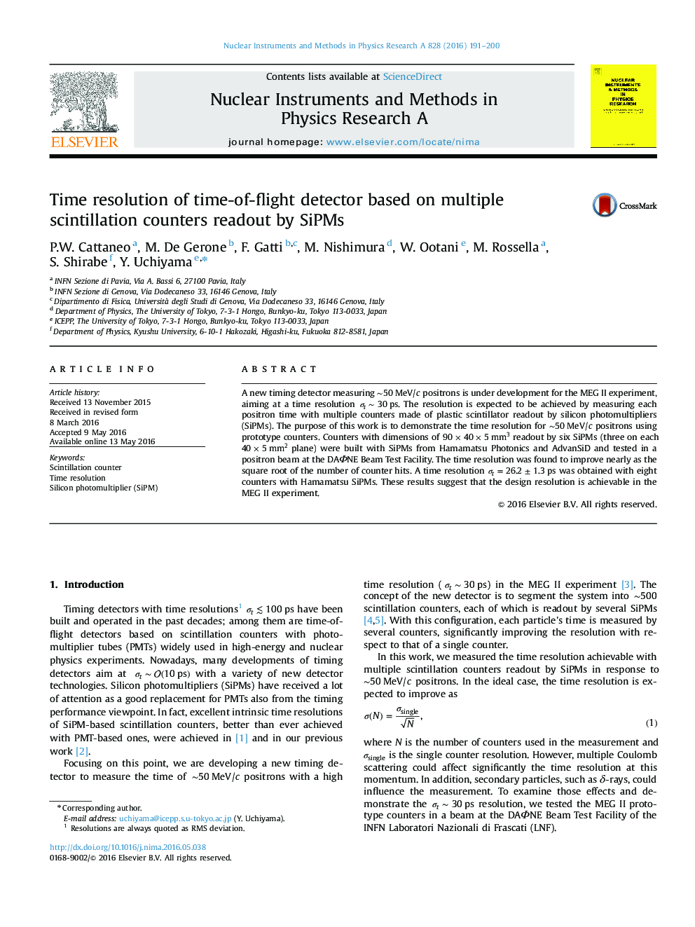 Time resolution of time-of-flight detector based on multiple scintillation counters readout by SiPMs