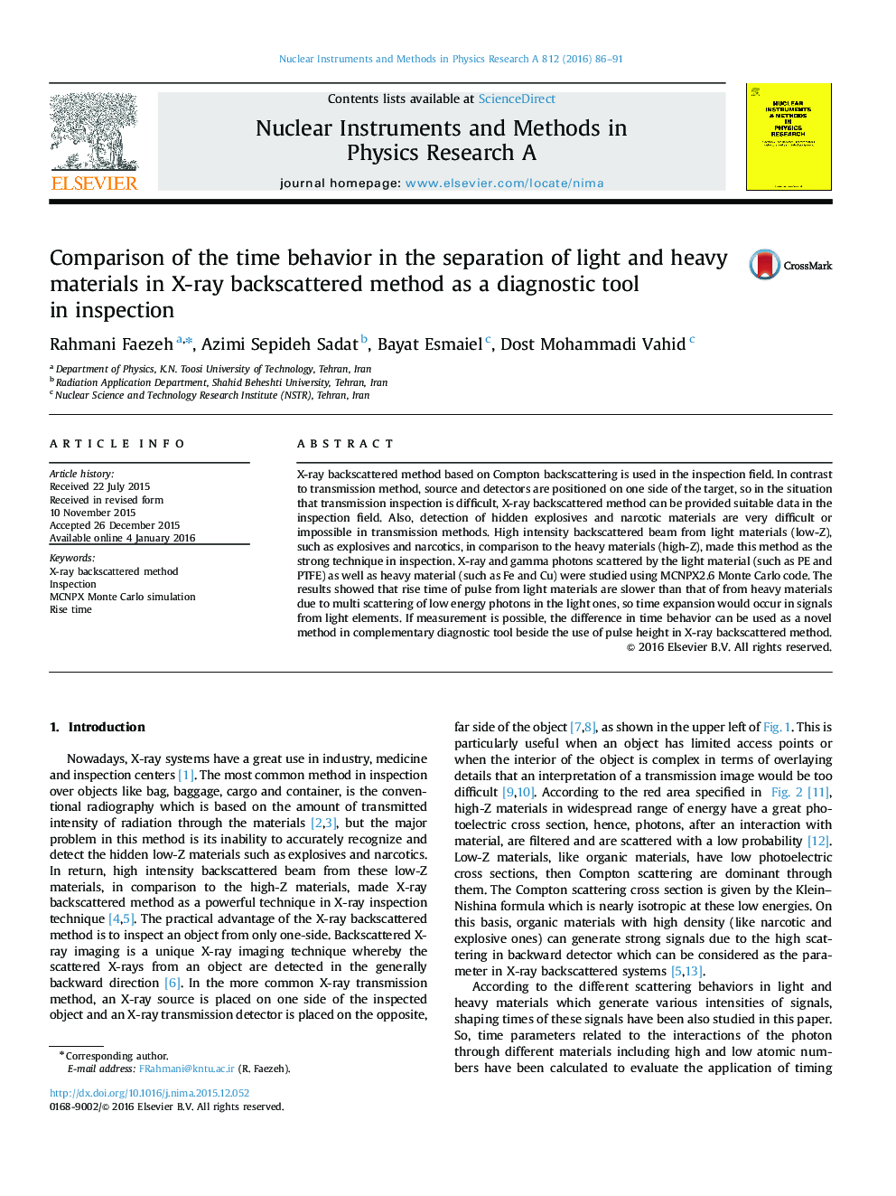 Comparison of the time behavior in the separation of light and heavy materials in X-ray backscattered method as a diagnostic tool in inspection