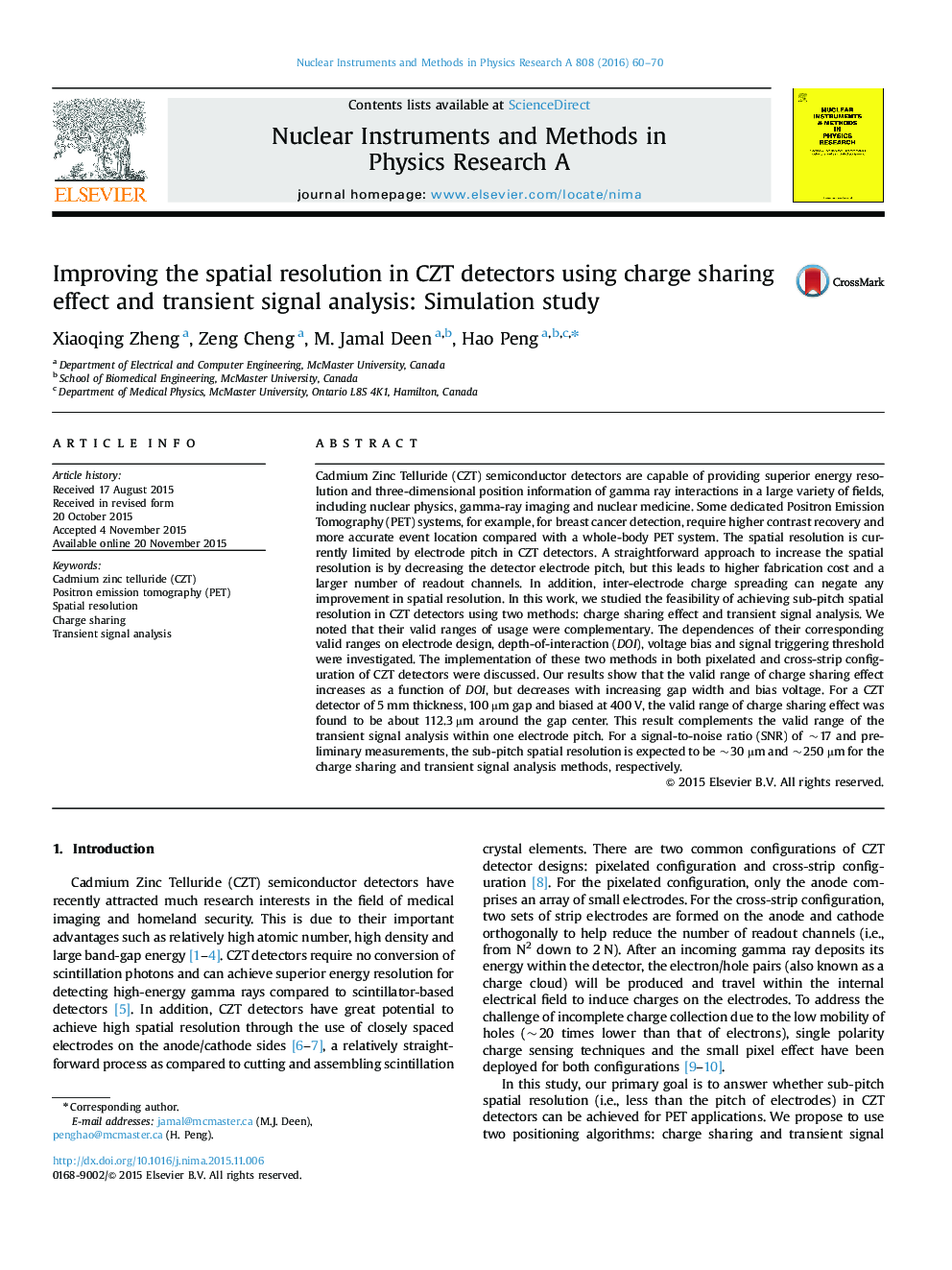 Improving the spatial resolution in CZT detectors using charge sharing effect and transient signal analysis: Simulation study