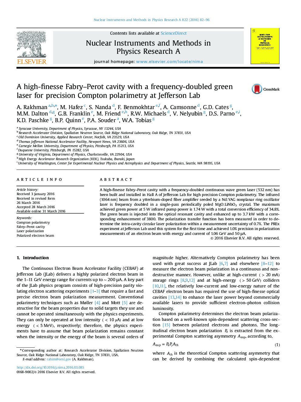 A high-finesse Fabry–Perot cavity with a frequency-doubled green laser for precision Compton polarimetry at Jefferson Lab