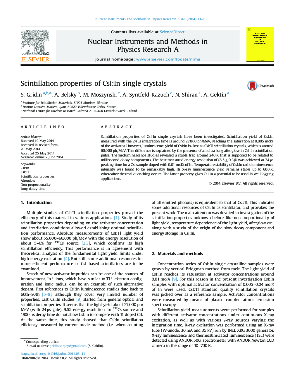 Scintillation properties of CsI:In single crystals