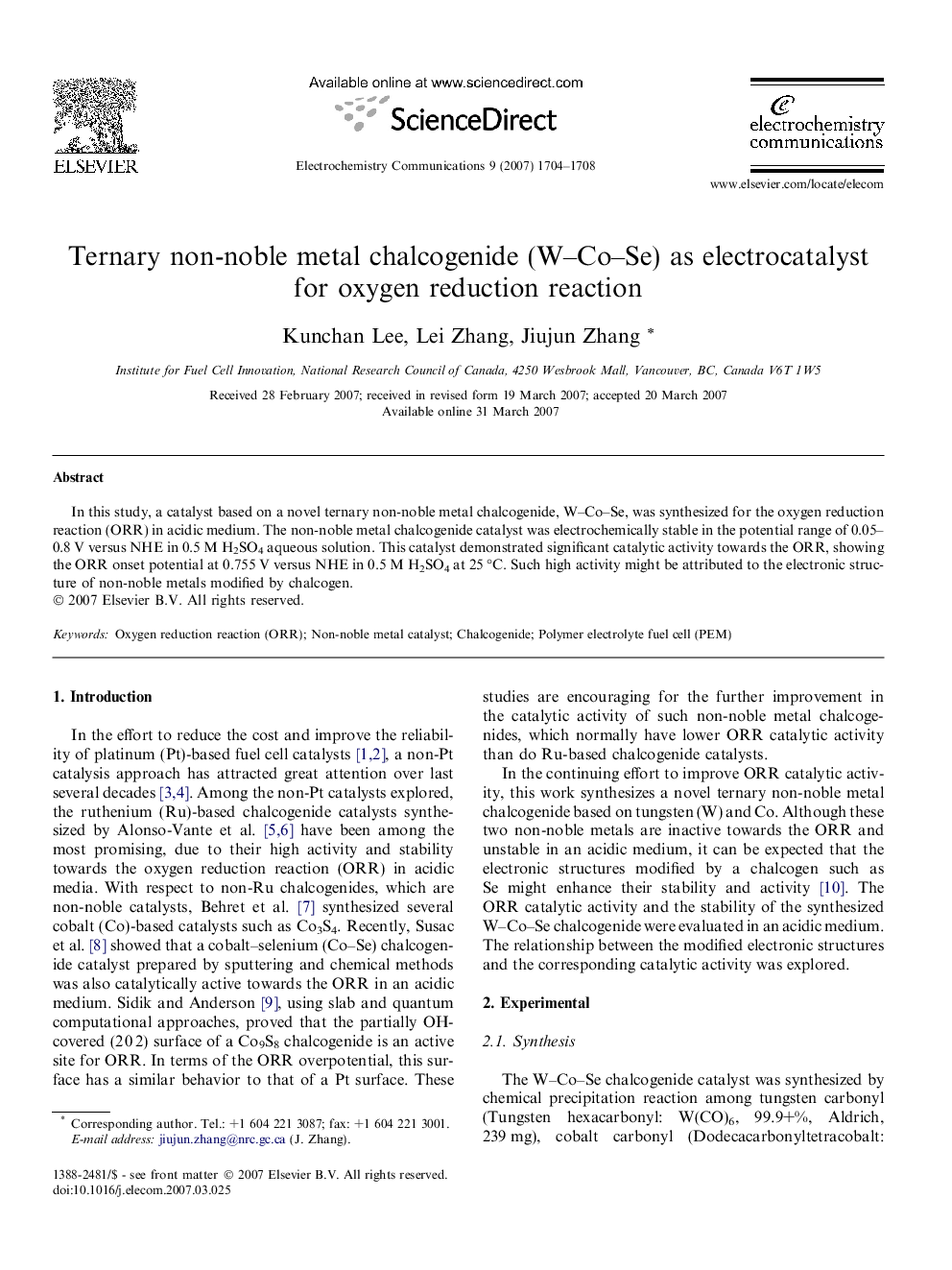 Ternary non-noble metal chalcogenide (W–Co–Se) as electrocatalyst for oxygen reduction reaction