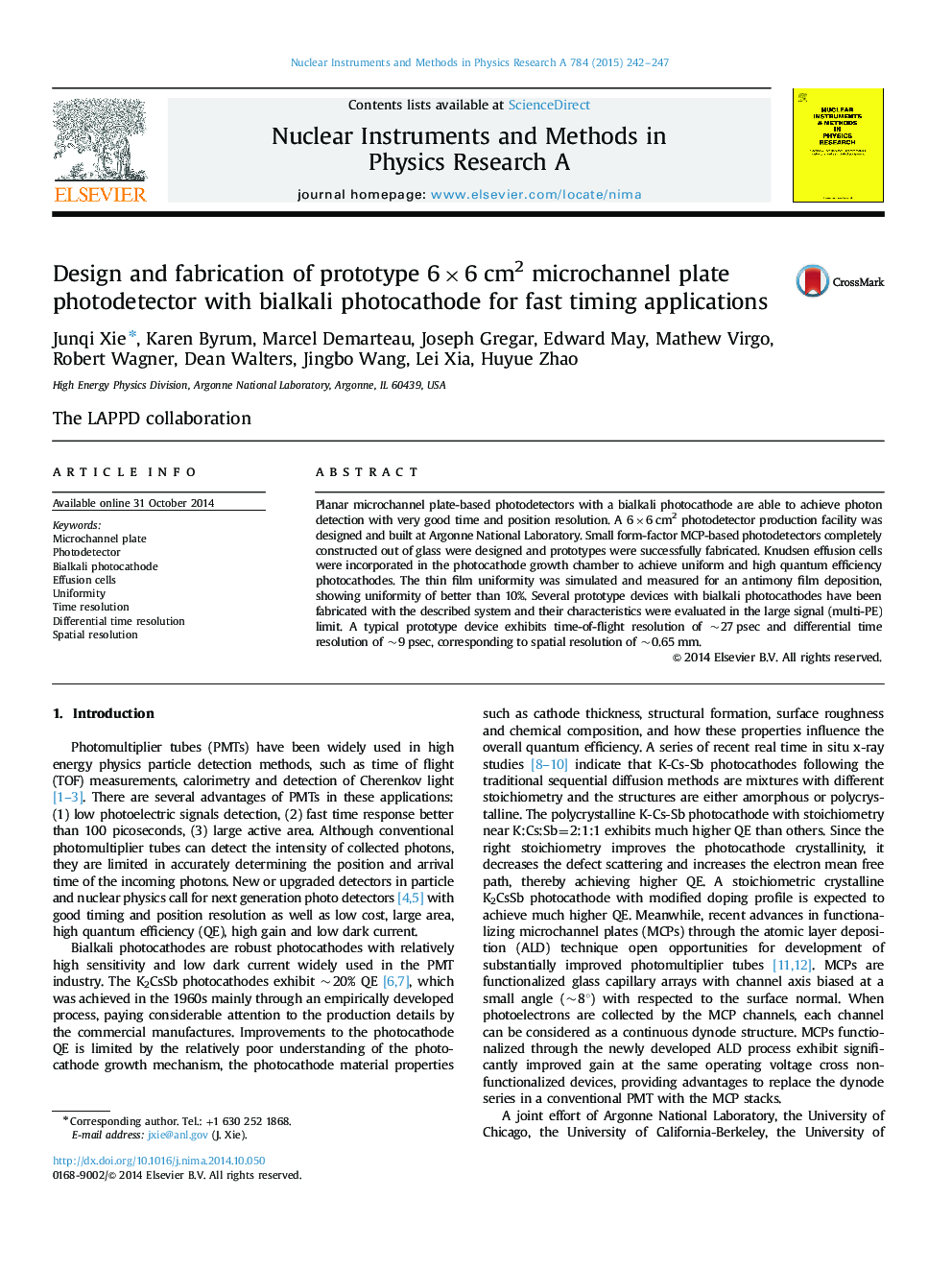 Design and fabrication of prototype 6×6 cm2 microchannel plate photodetector with bialkali photocathode for fast timing applications