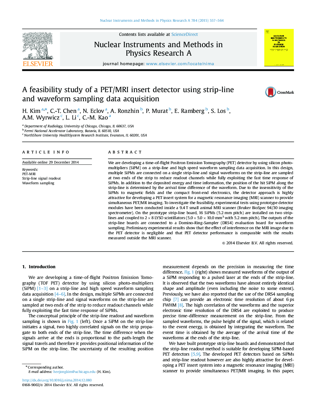 A feasibility study of a PET/MRI insert detector using strip-line and waveform sampling data acquisition