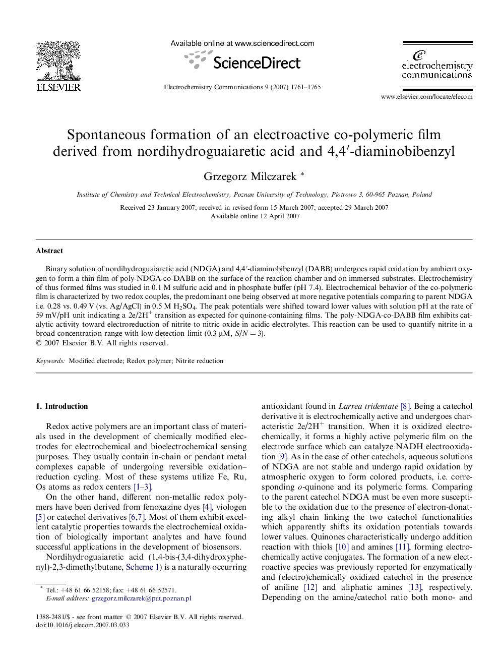 Spontaneous formation of an electroactive co-polymeric film derived from nordihydroguaiaretic acid and 4,4′-diaminobibenzyl