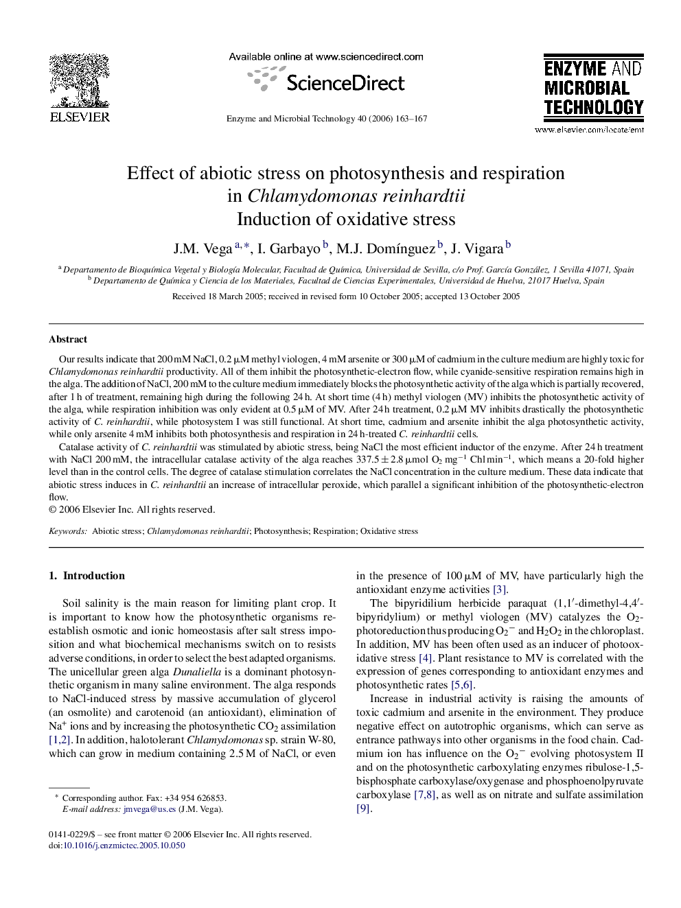 Effect of abiotic stress on photosynthesis and respiration in Chlamydomonas reinhardtii: Induction of oxidative stress