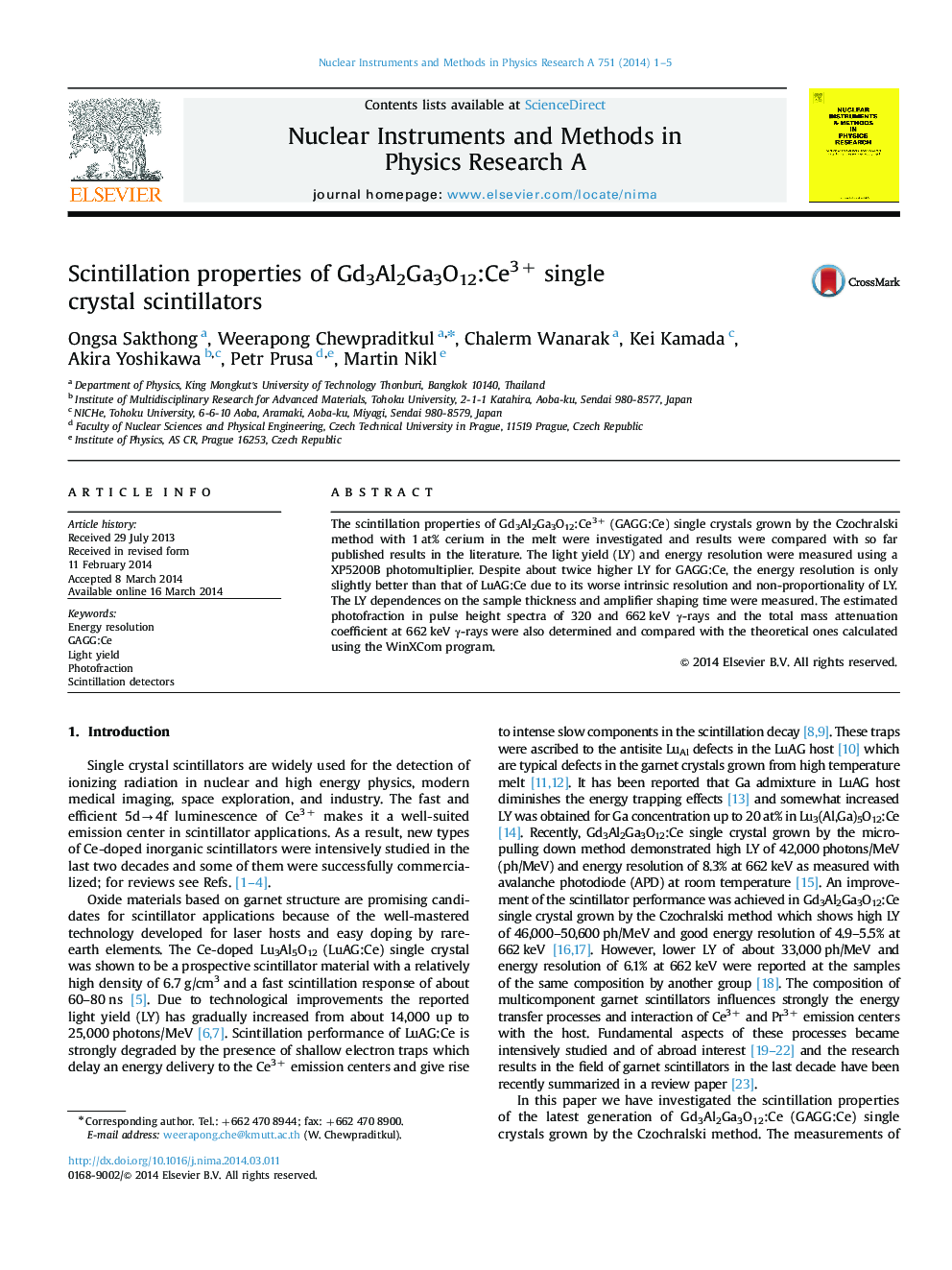 عکس صفحه اول مقاله: Scintillation properties of Gd3Al2Ga3O12:Ce3+ single crystal scintillators Scintillation properties of Gd3Al2Ga3O12:Ce3+ single crystal scintillators