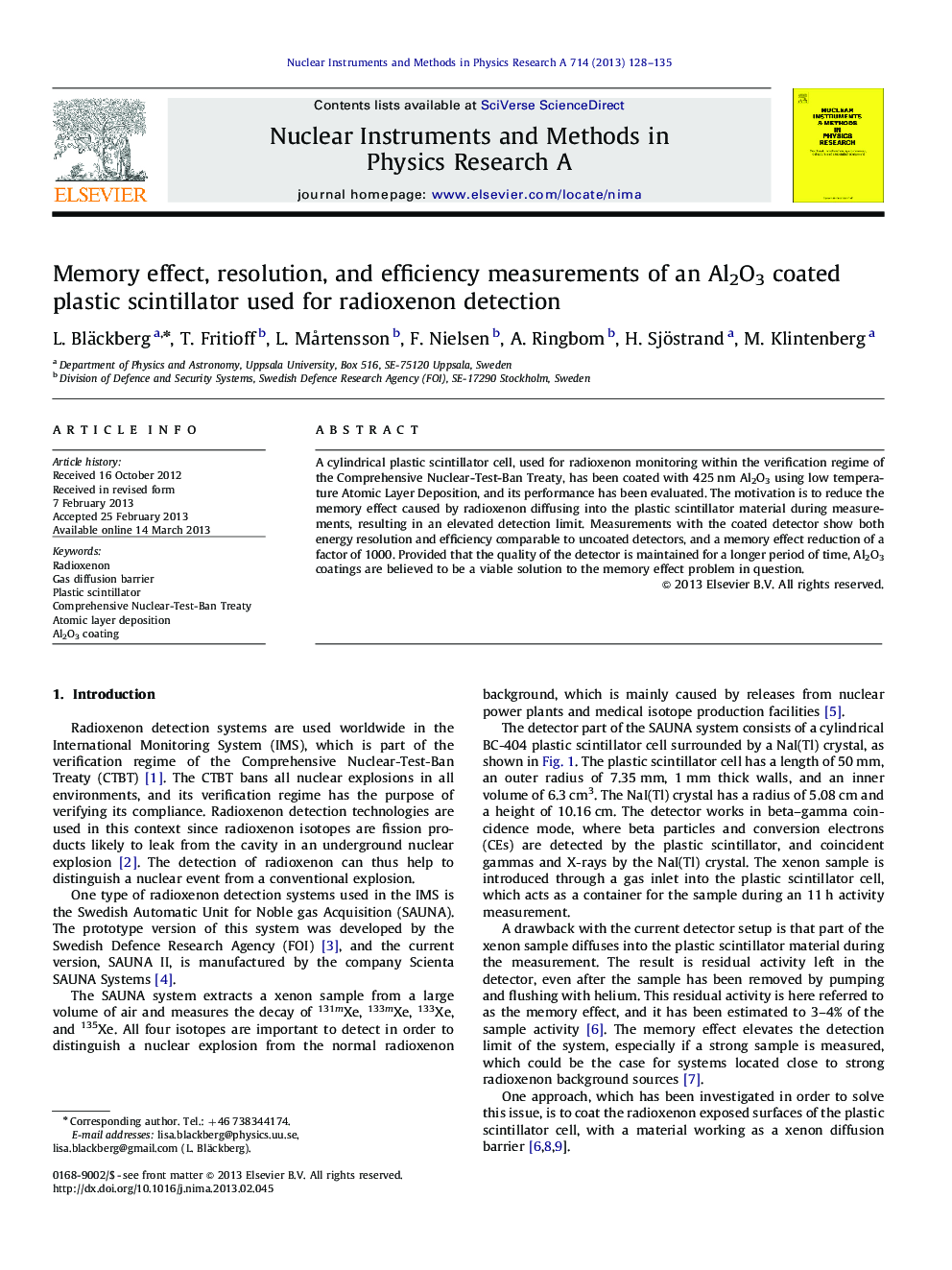 Memory effect, resolution, and efficiency measurements of an Al2O3 coated plastic scintillator used for radioxenon detection