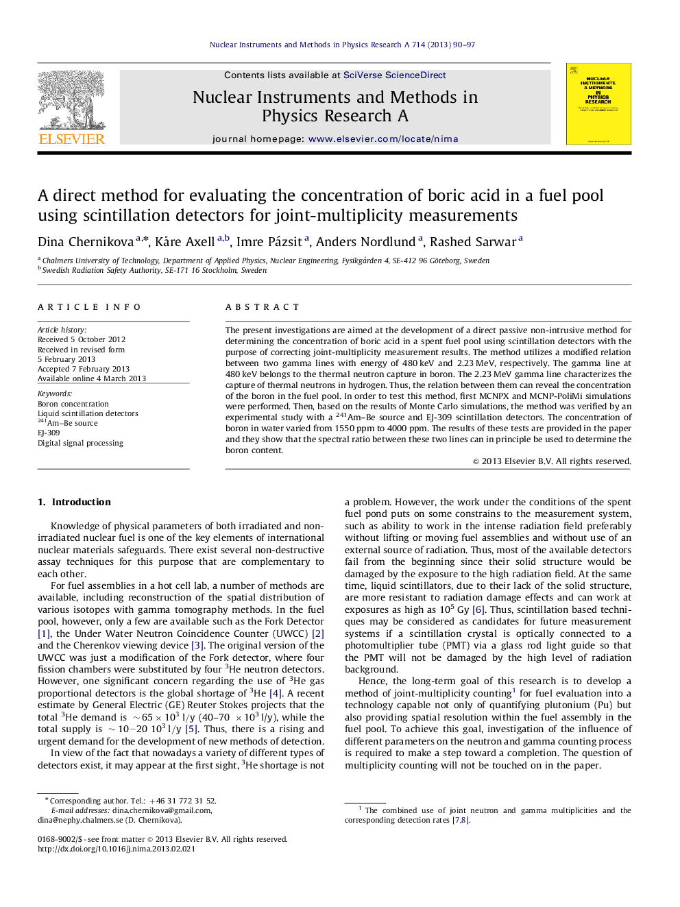 A direct method for evaluating the concentration of boric acid in a fuel pool using scintillation detectors for joint-multiplicity measurements