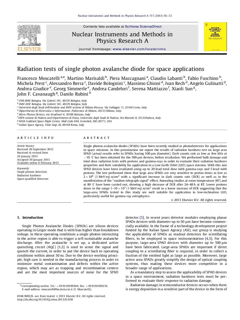 عکس صفحه اول مقاله: Radiation tests of single photon avalanche diode for space applications Radiation tests of single photon avalanche diode for space applications