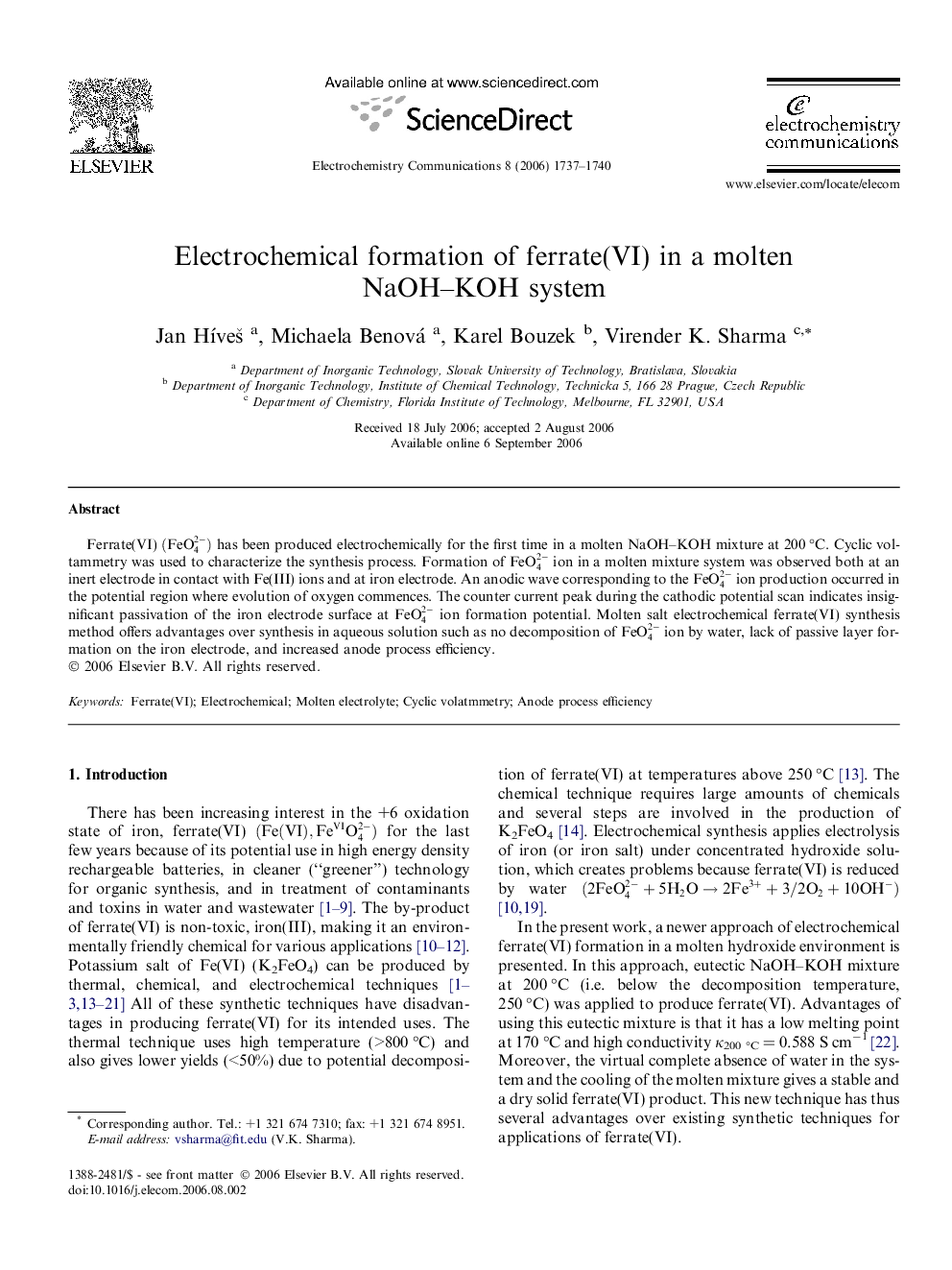 Electrochemical formation of ferrate(VI) in a molten NaOH–KOH system