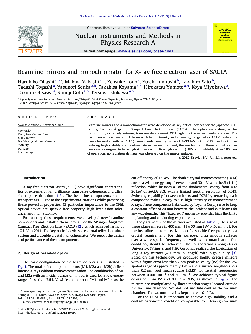 Beamline mirrors and monochromator for X-ray free electron laser of SACLA