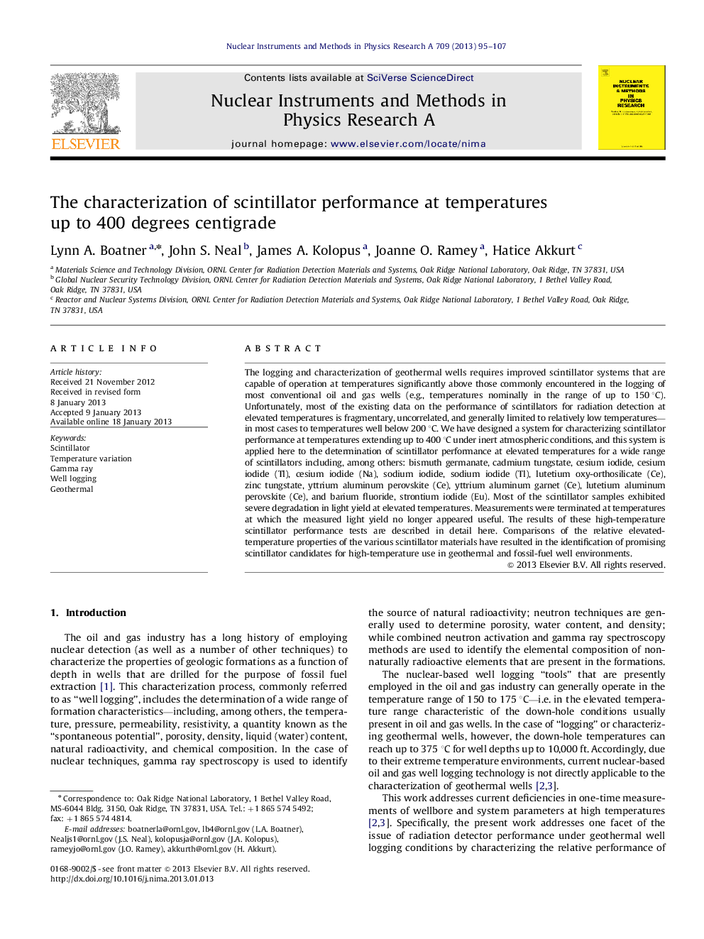 The characterization of scintillator performance at temperatures up to 400 degrees centigrade