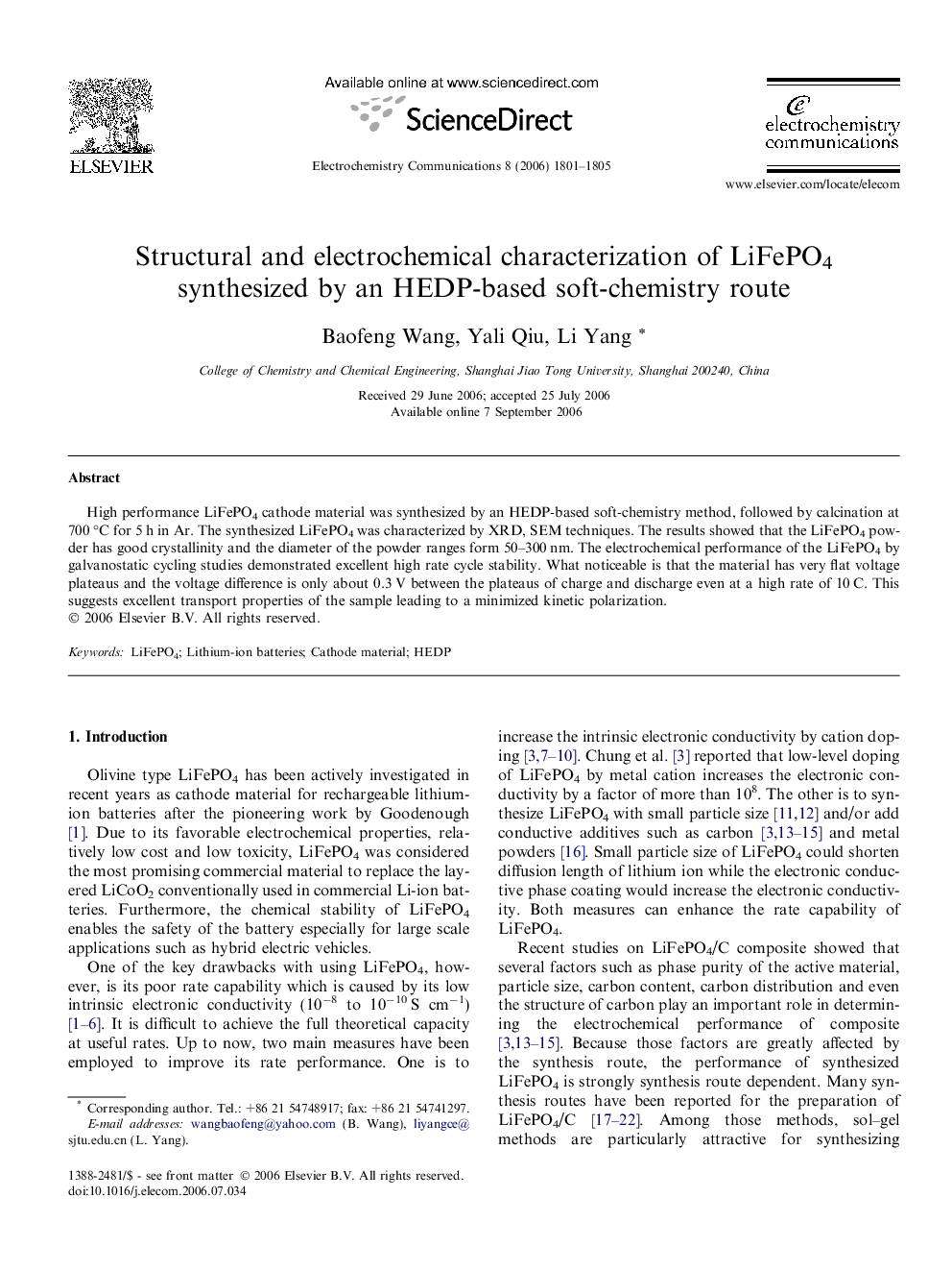 Structural and electrochemical characterization of LiFePO4 synthesized by an HEDP-based soft-chemistry route