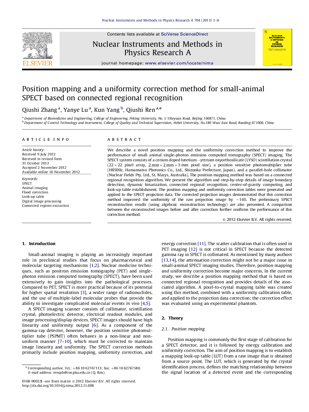 Position mapping and a uniformity correction method for small-animal SPECT based on connected regional recognition