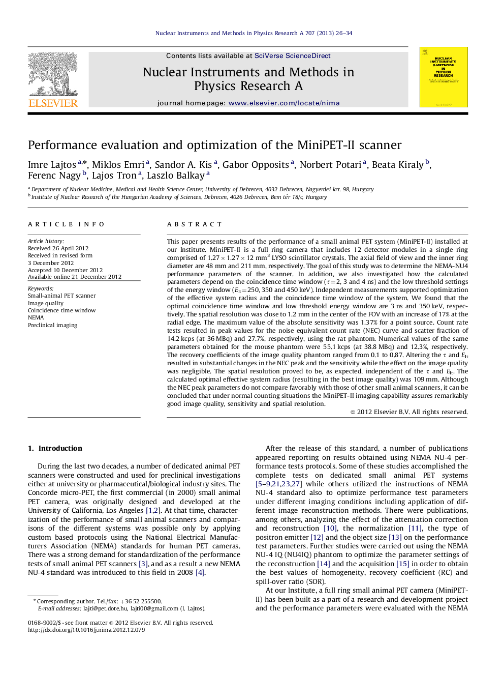 عکس صفحه اول مقاله: Performance evaluation and optimization of the MiniPET-II scanner Performance evaluation and optimization of the MiniPET-II scanner