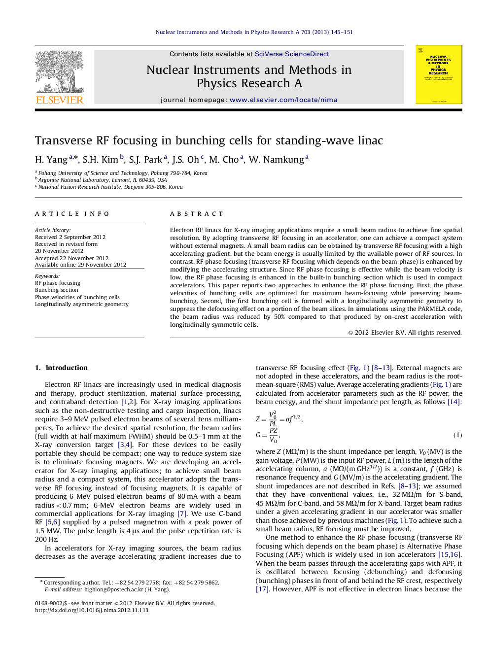 عکس صفحه اول مقاله: Transverse RF focusing in bunching cells for standing-wave linac Transverse RF focusing in bunching cells for standing-wave linac