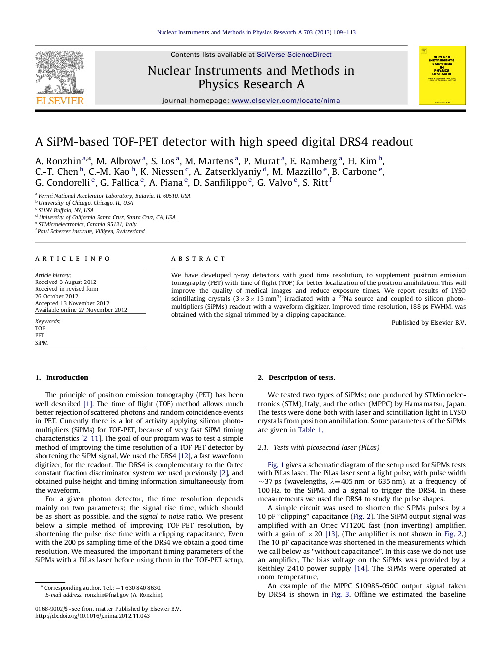 عکس صفحه اول مقاله: A SiPM-based TOF-PET detector with high speed digital DRS4 readout A SiPM-based TOF-PET detector with high speed digital DRS4 readout