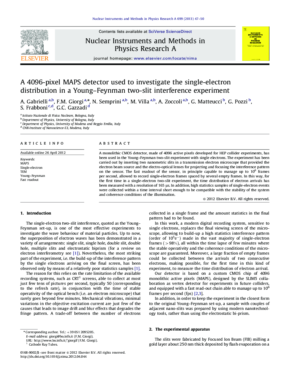 A 4096-pixel MAPS detector used to investigate the single-electron distribution in a Young–Feynman two-slit interference experiment