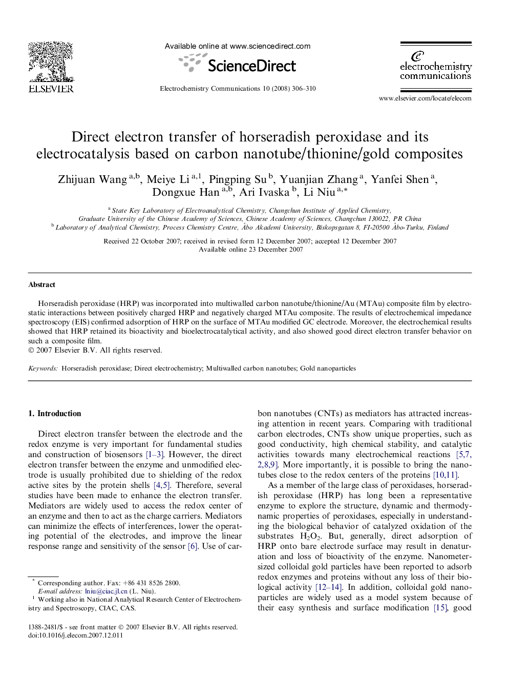 Direct electron transfer of horseradish peroxidase and its electrocatalysis based on carbon nanotube/thionine/gold composites