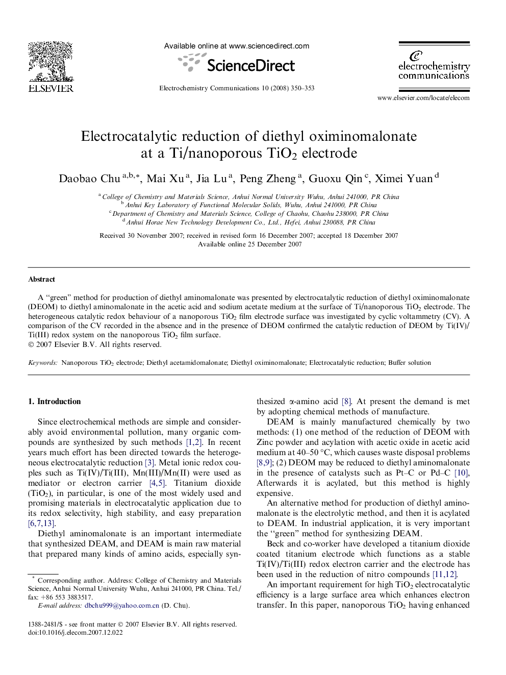 Electrocatalytic reduction of diethyl oximinomalonate at a Ti/nanoporous TiO2 electrode