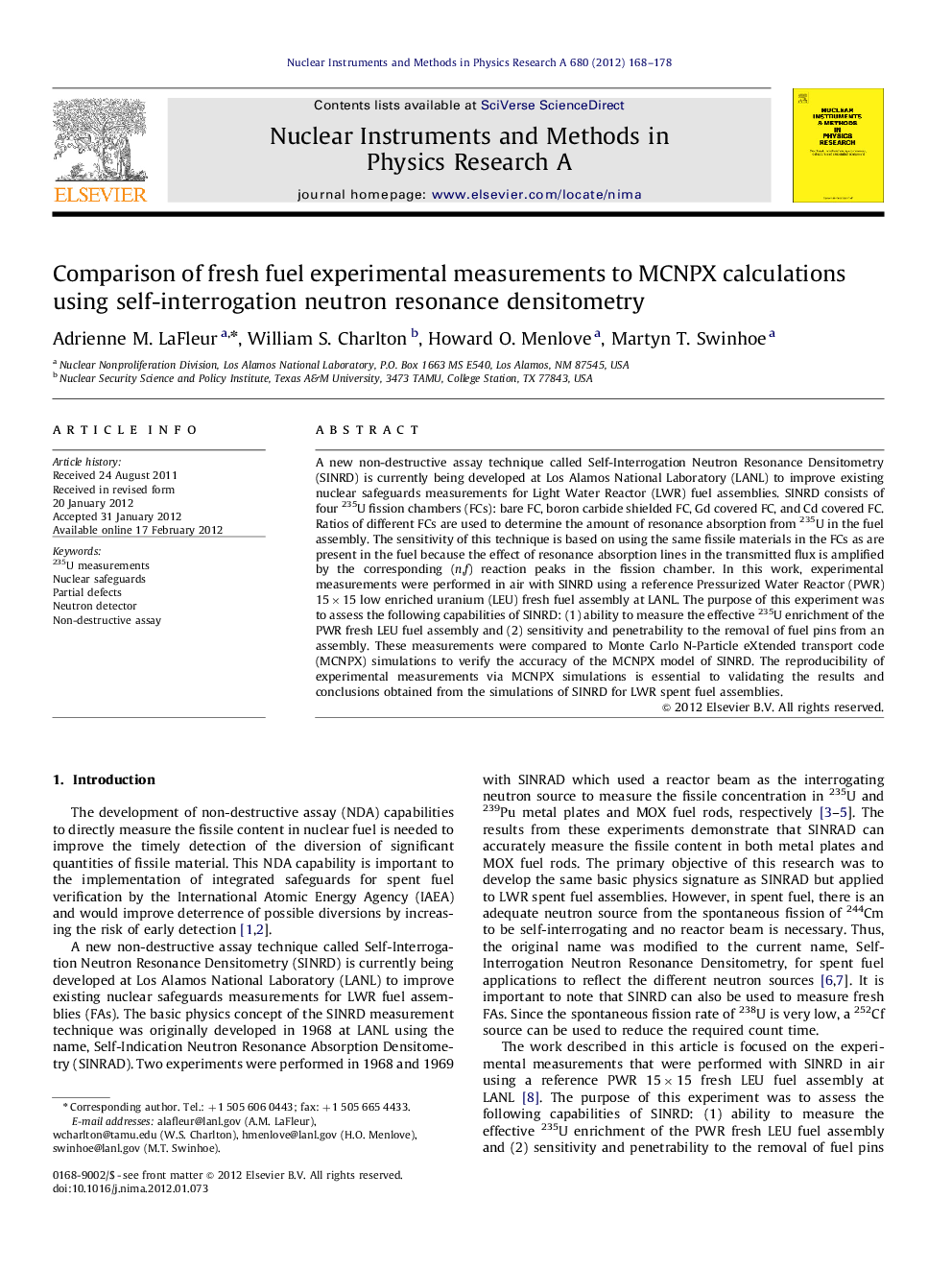 Comparison of fresh fuel experimental measurements to MCNPX calculations using self-interrogation neutron resonance densitometry