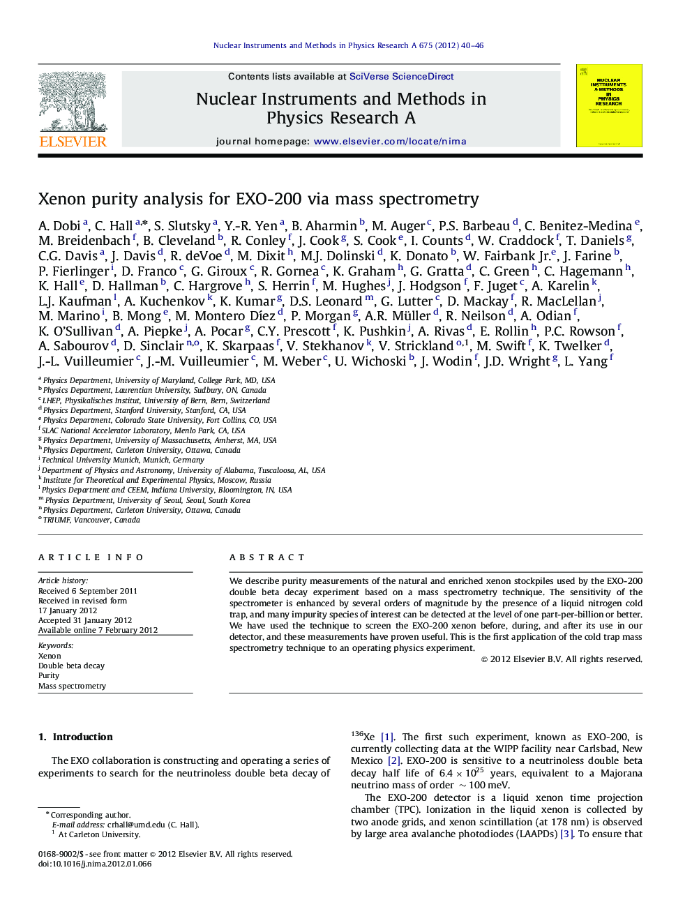 Xenon purity analysis for EXO-200 via mass spectrometry