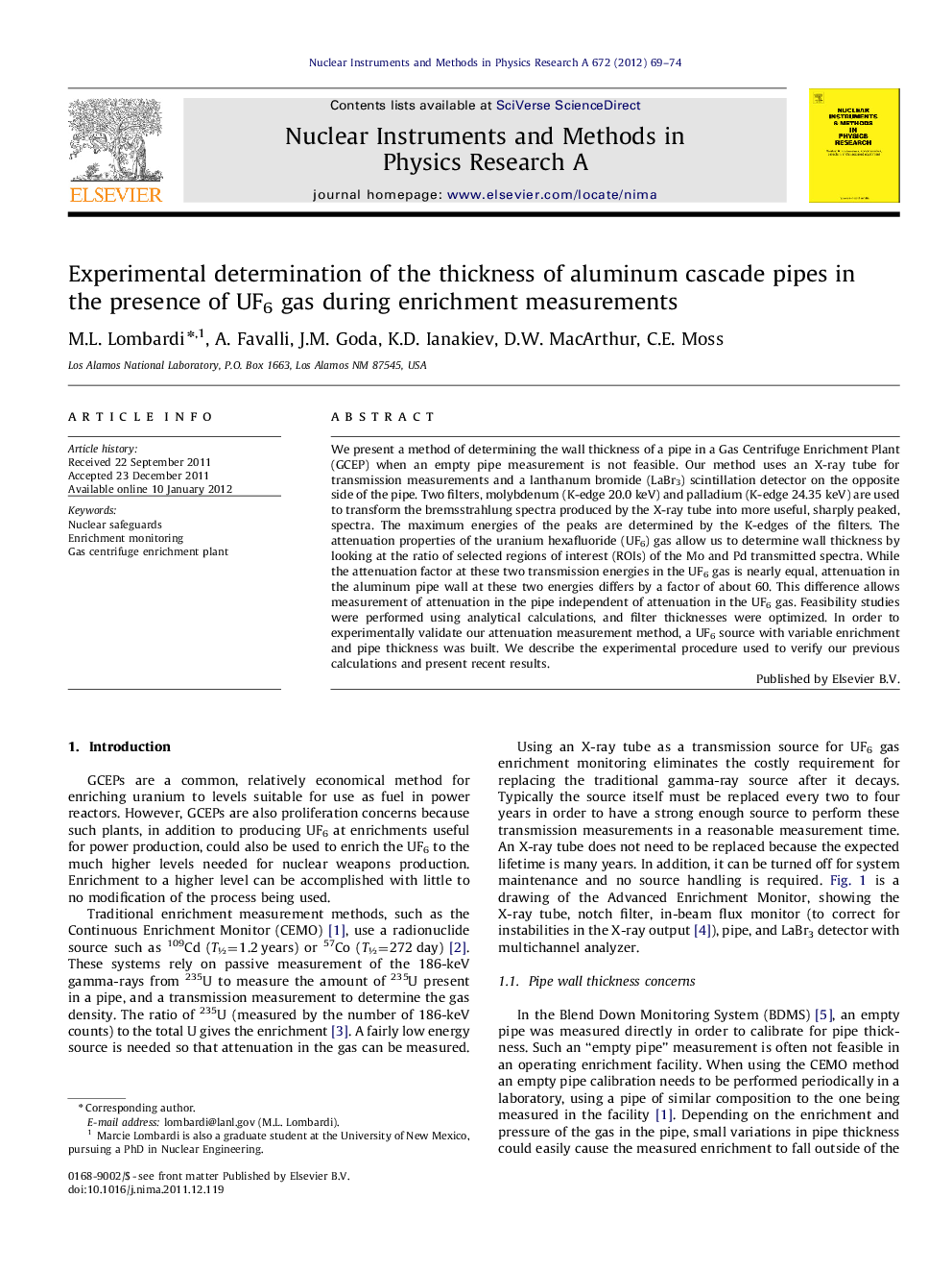 Experimental determination of the thickness of aluminum cascade pipes in the presence of UF6 gas during enrichment measurements