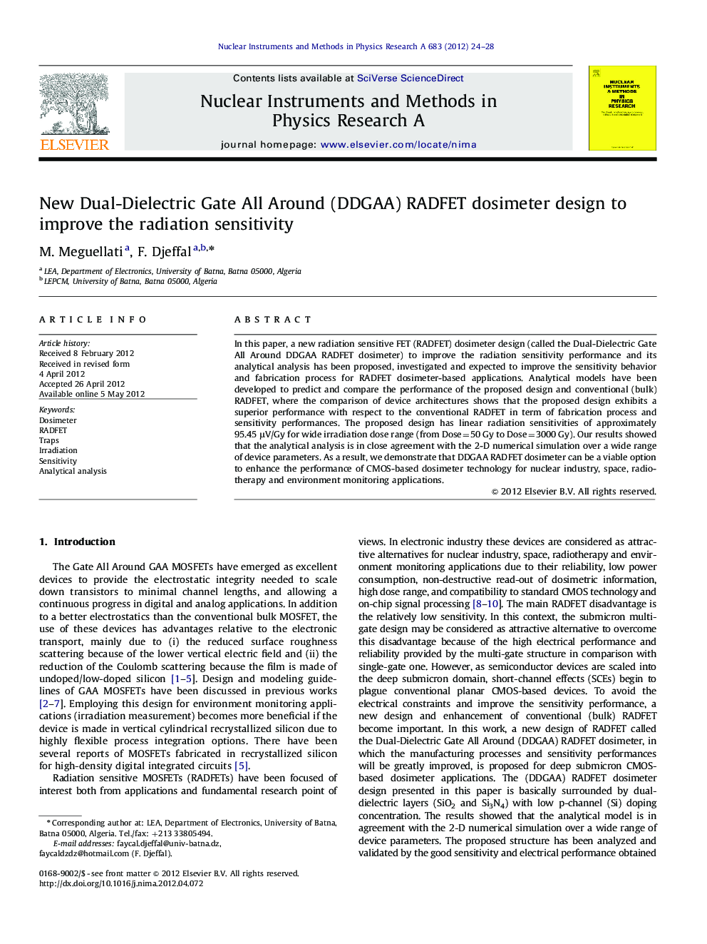 New Dual-Dielectric Gate All Around (DDGAA) RADFET dosimeter design to improve the radiation sensitivity