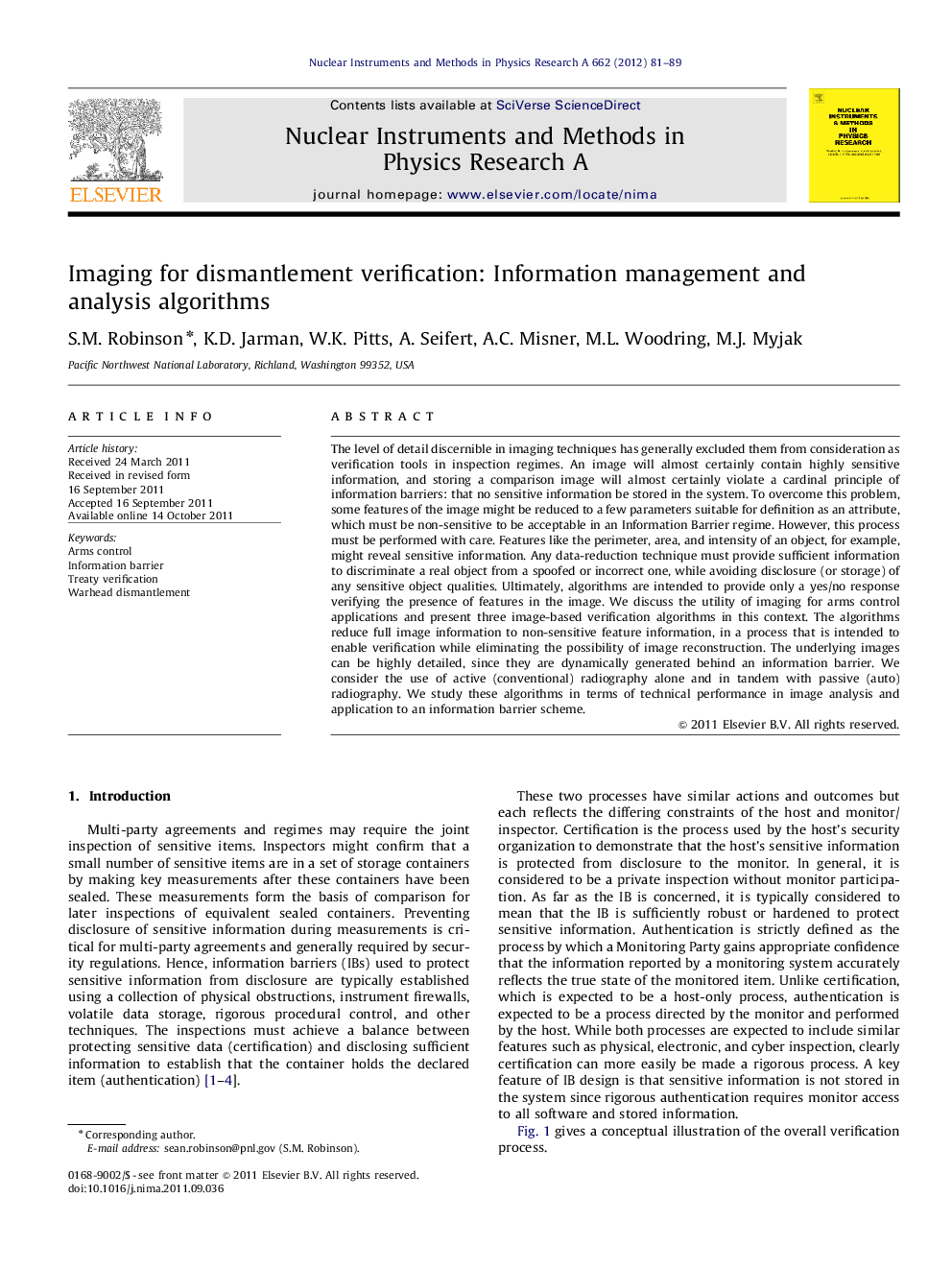 Imaging for dismantlement verification: Information management and analysis algorithms