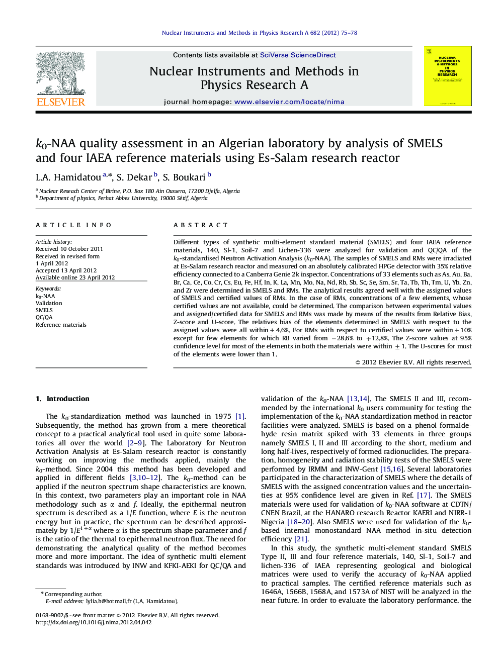 k0-NAA quality assessment in an Algerian laboratory by analysis of SMELS and four IAEA reference materials using Es-Salam research reactor