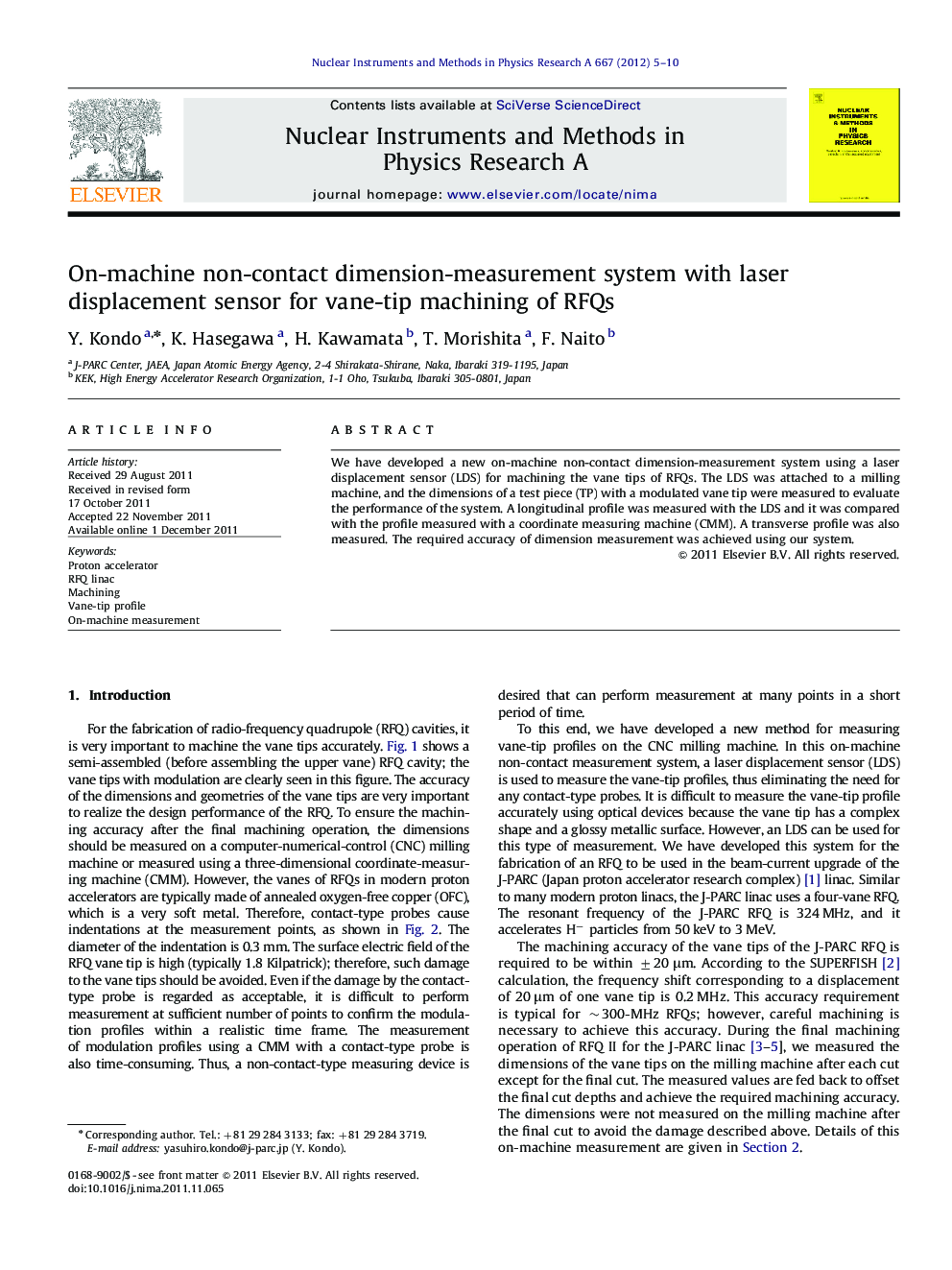 On-machine non-contact dimension-measurement system with laser displacement sensor for vane-tip machining of RFQs