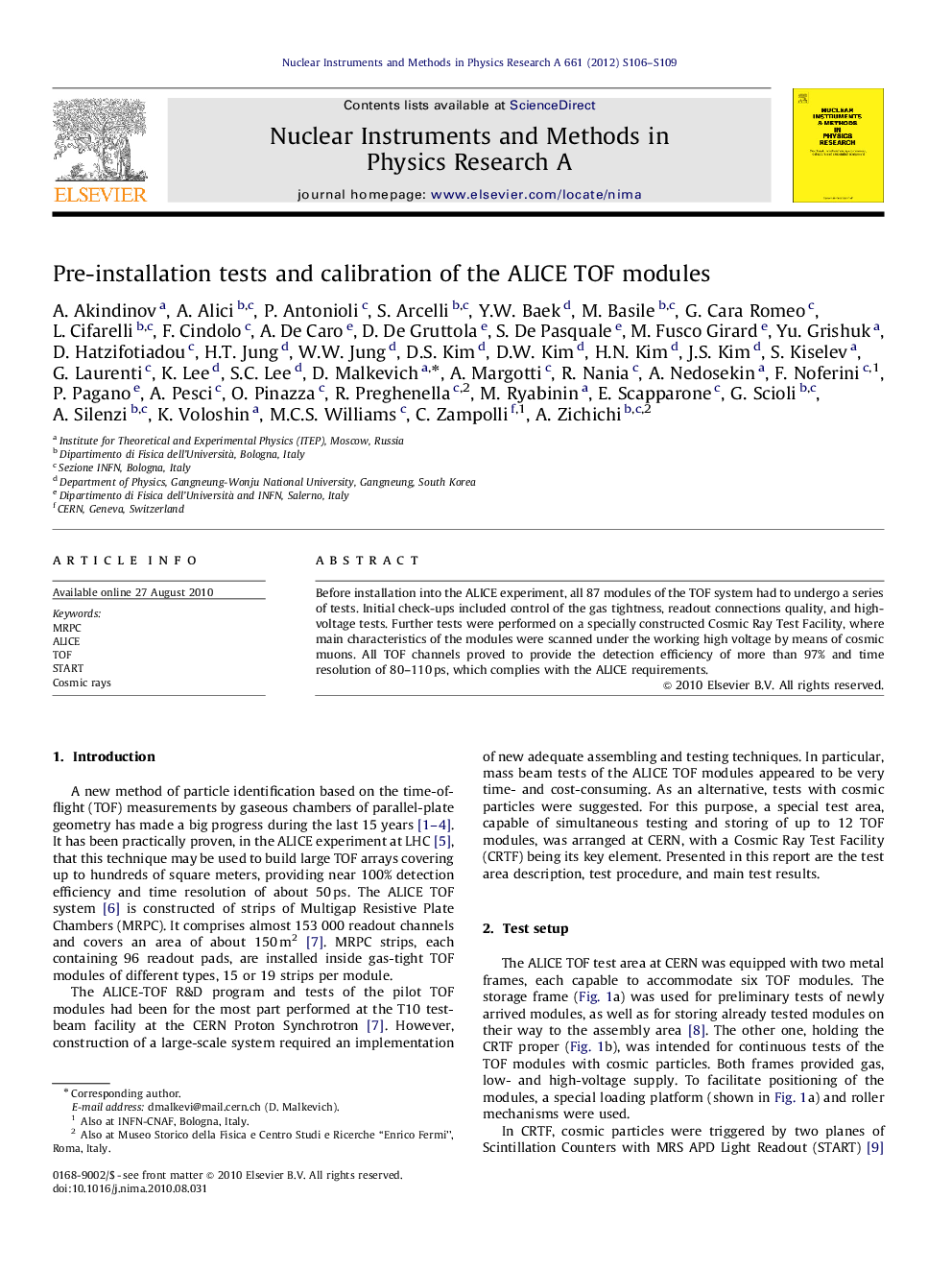 عکس صفحه اول مقاله: Pre-installation tests and calibration of the ALICE TOF modules Pre-installation tests and calibration of the ALICE TOF modules