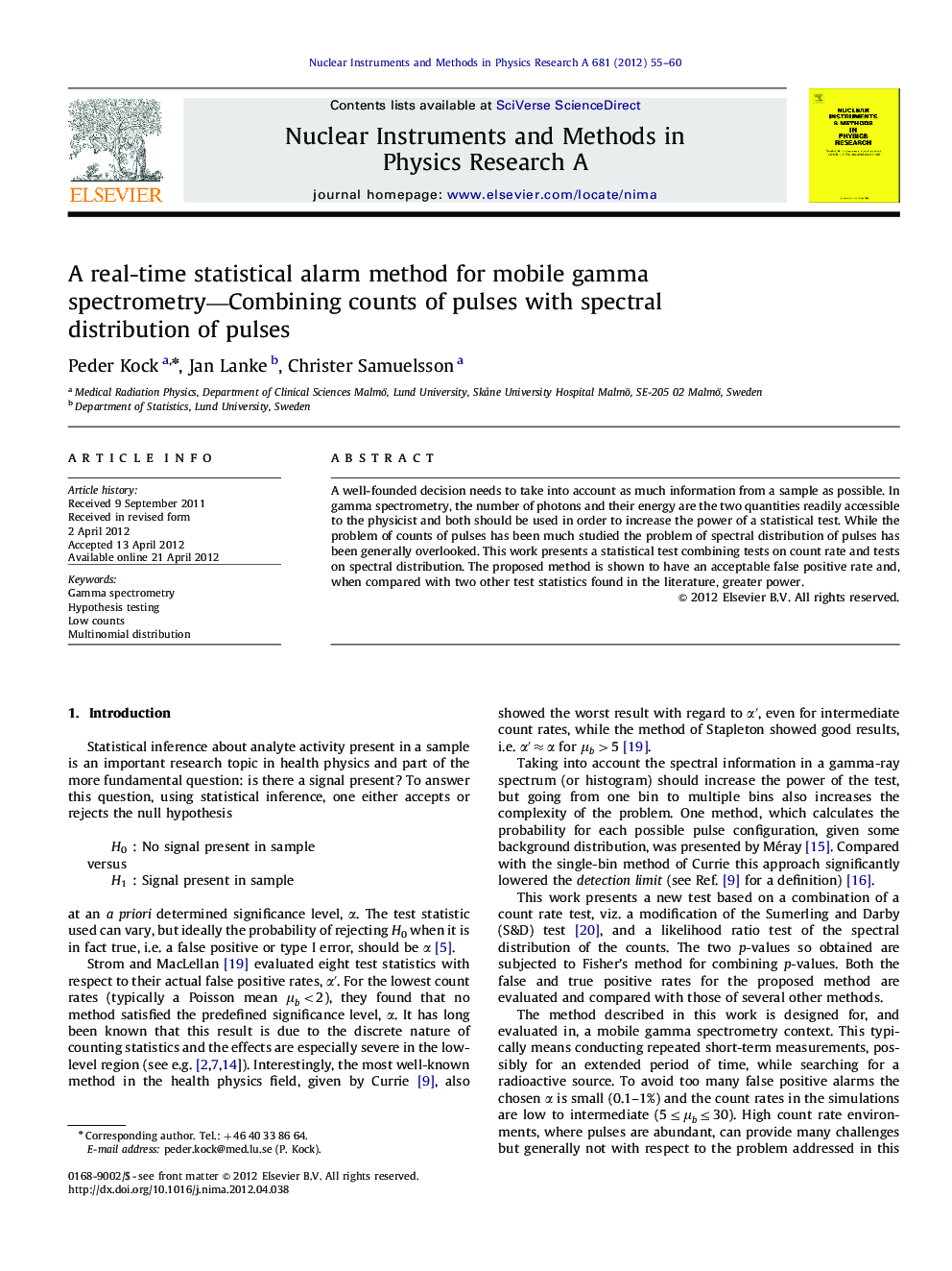 A real-time statistical alarm method for mobile gamma spectrometry—Combining counts of pulses with spectral distribution of pulses