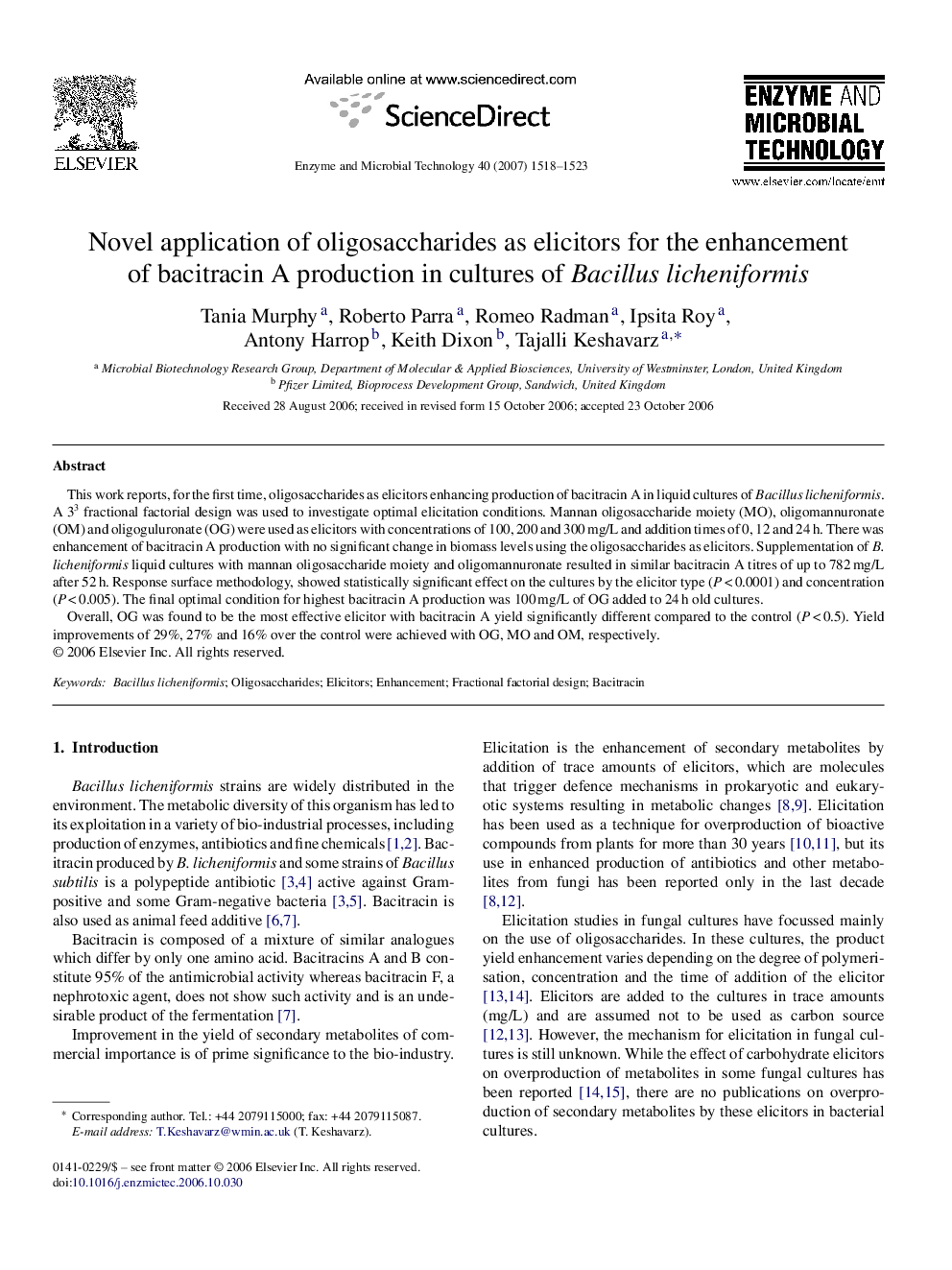 Novel application of oligosaccharides as elicitors for the enhancement of bacitracin A production in cultures of Bacillus licheniformis