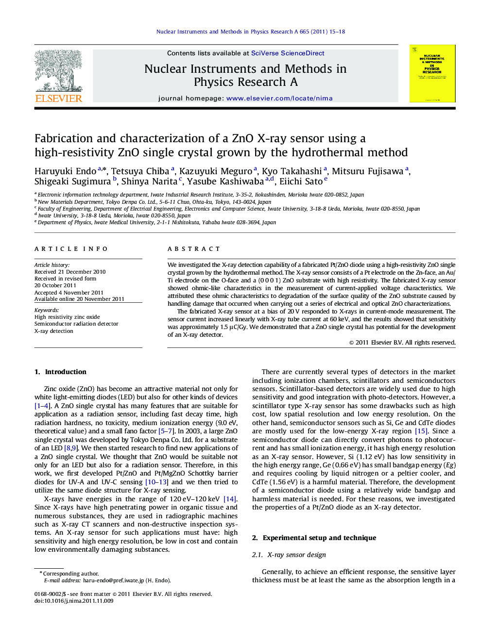 Fabrication and characterization of a ZnO X-ray sensor using a high-resistivity ZnO single crystal grown by the hydrothermal method