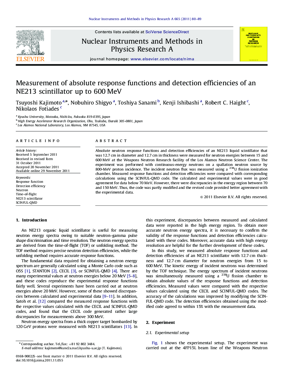 Measurement of absolute response functions and detection efficiencies of an NE213 scintillator up to 600 MeV