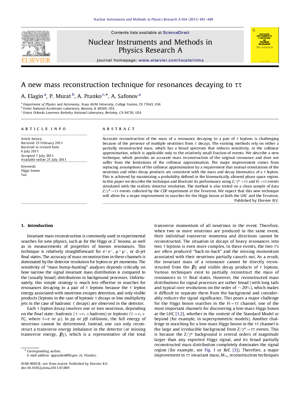 A new mass reconstruction technique for resonances decaying to ÏÏ