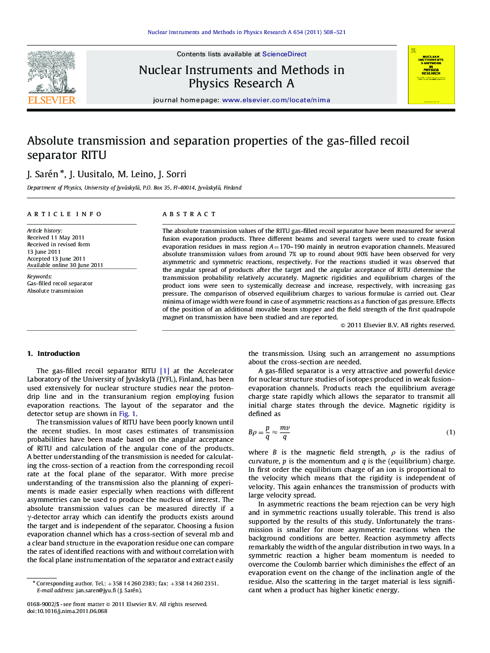 Absolute transmission and separation properties of the gas-filled recoil separator RITU