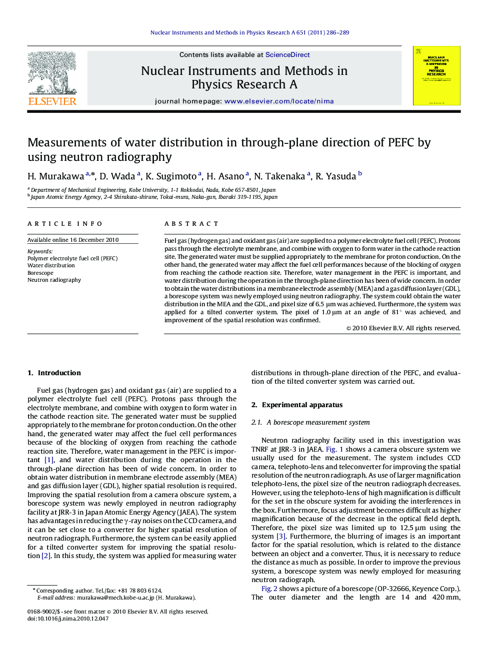 Measurements of water distribution in through-plane direction of PEFC by using neutron radiography