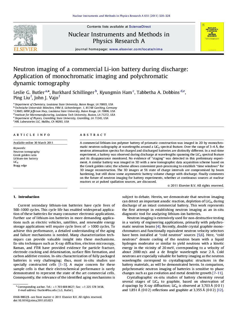 عکس صفحه اول مقاله: Neutron imaging of a commercial Li-ion battery during discharge: Application of monochromatic imaging and polychromatic dynamic tomography Neutron imaging of a commercial Li-ion battery during discharge: Application of monochromatic imaging and polychromatic dynamic tomography