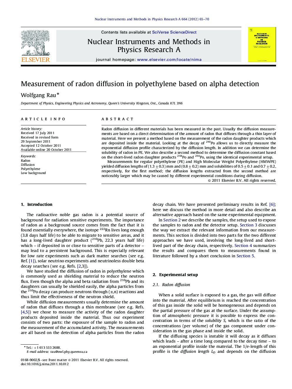 Measurement of radon diffusion in polyethylene based on alpha detection