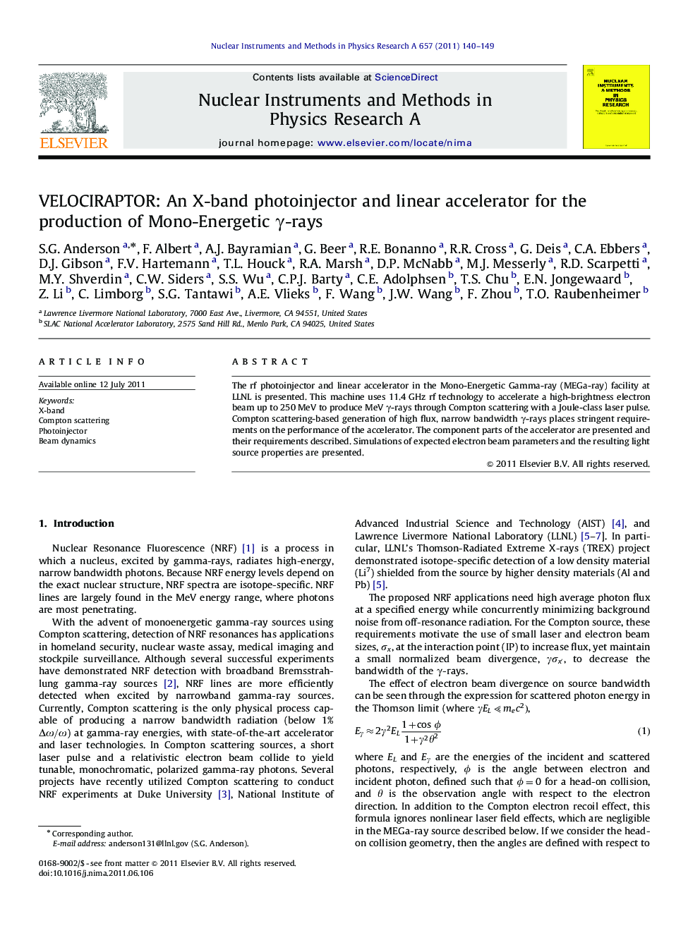 عکس صفحه اول مقاله: VELOCIRAPTOR: An X-band photoinjector and linear accelerator for the production of Mono-Energetic γ-raysγ-rays VELOCIRAPTOR: An X-band photoinjector and linear accelerator for the production of Mono-Energetic γ-raysγ-rays