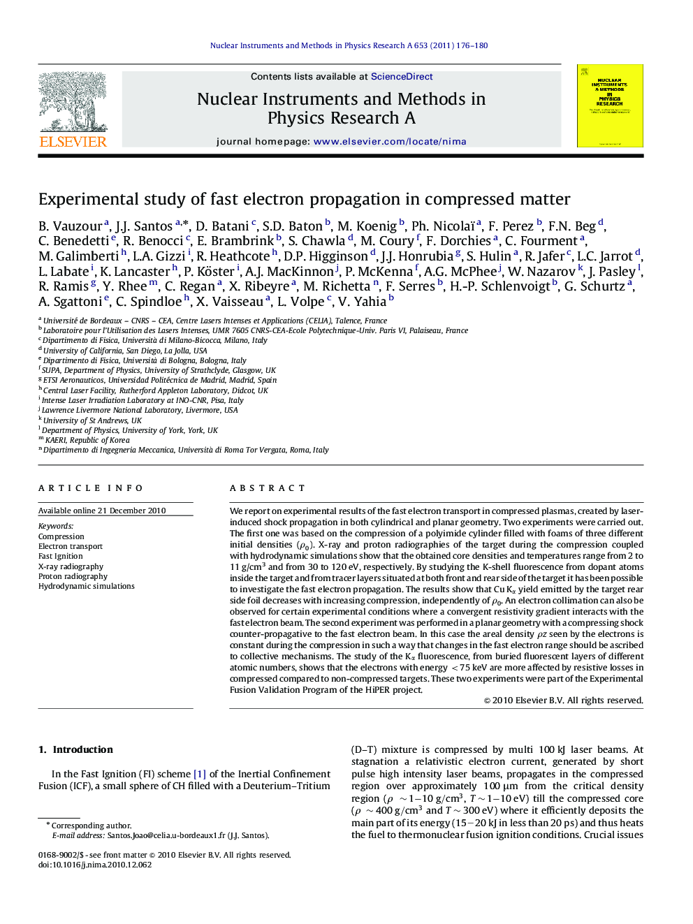 Experimental study of fast electron propagation in compressed matter