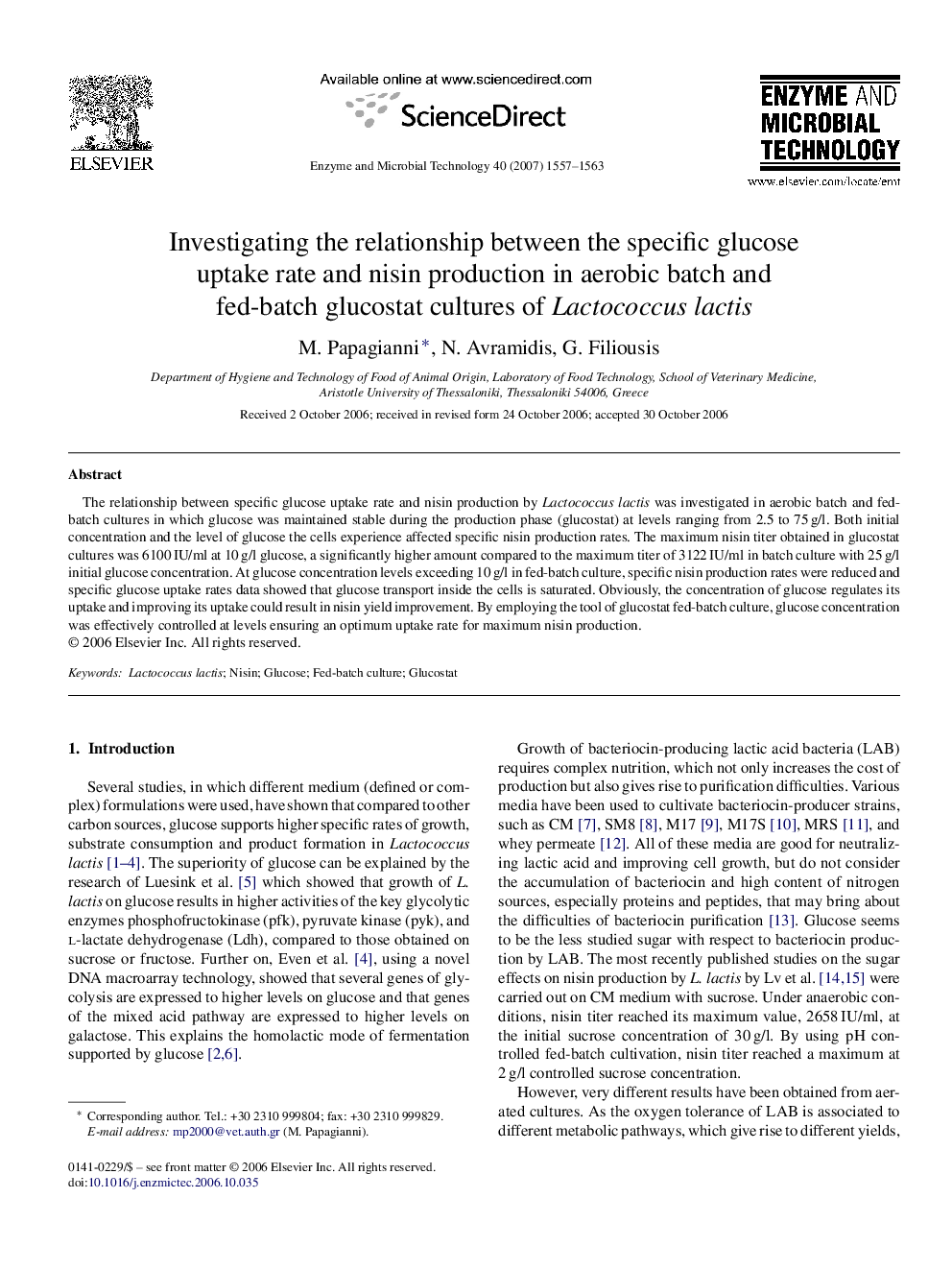 Investigating the relationship between the specific glucose uptake rate and nisin production in aerobic batch and fed-batch glucostat cultures of Lactococcus lactis