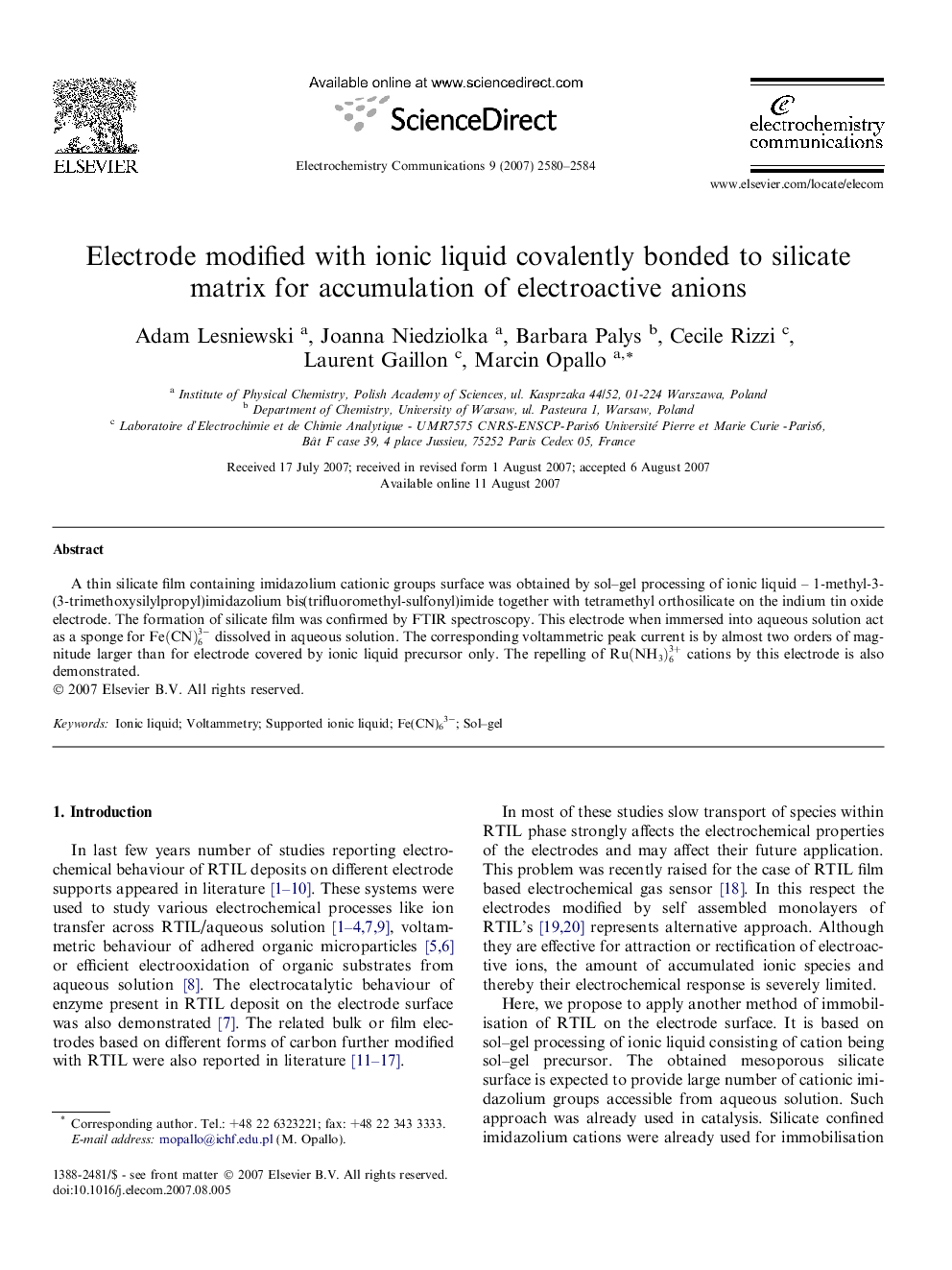 Electrode modified with ionic liquid covalently bonded to silicate matrix for accumulation of electroactive anions