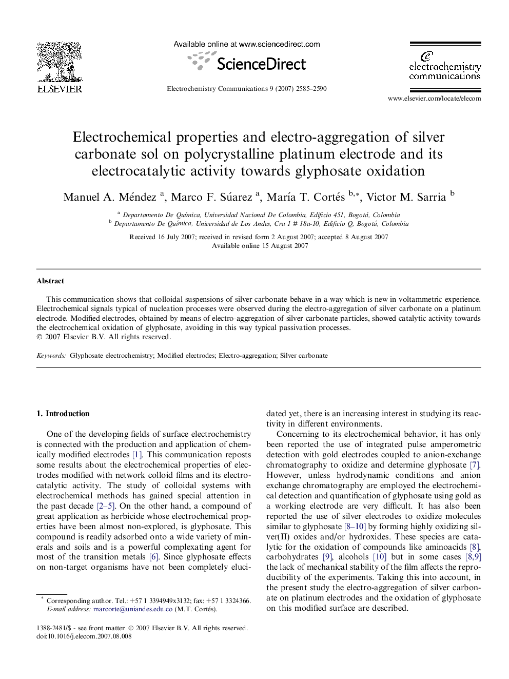 Electrochemical properties and electro-aggregation of silver carbonate sol on polycrystalline platinum electrode and its electrocatalytic activity towards glyphosate oxidation