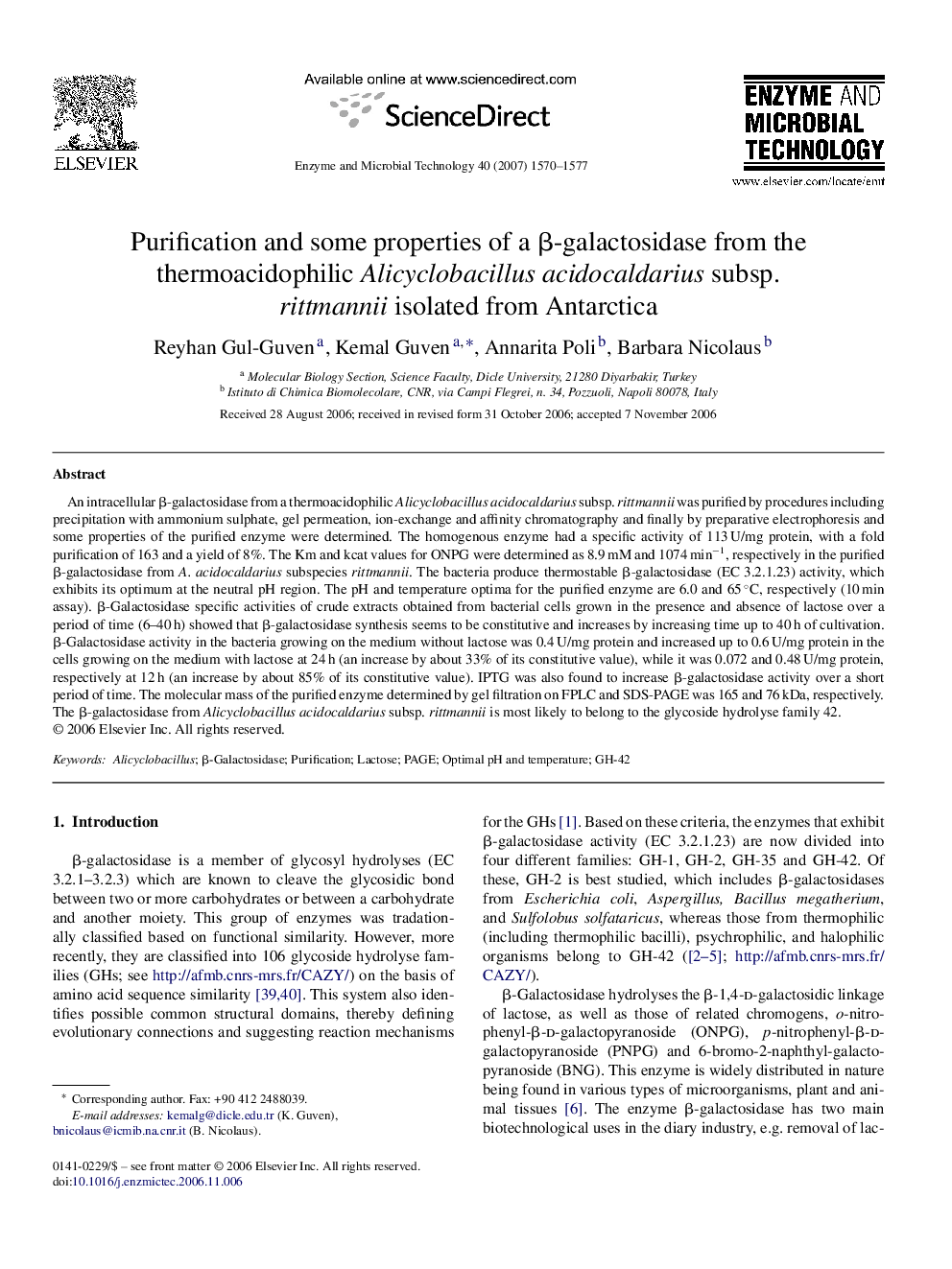 Purification and some properties of a β-galactosidase from the thermoacidophilic Alicyclobacillus acidocaldarius subsp. rittmannii isolated from Antarctica