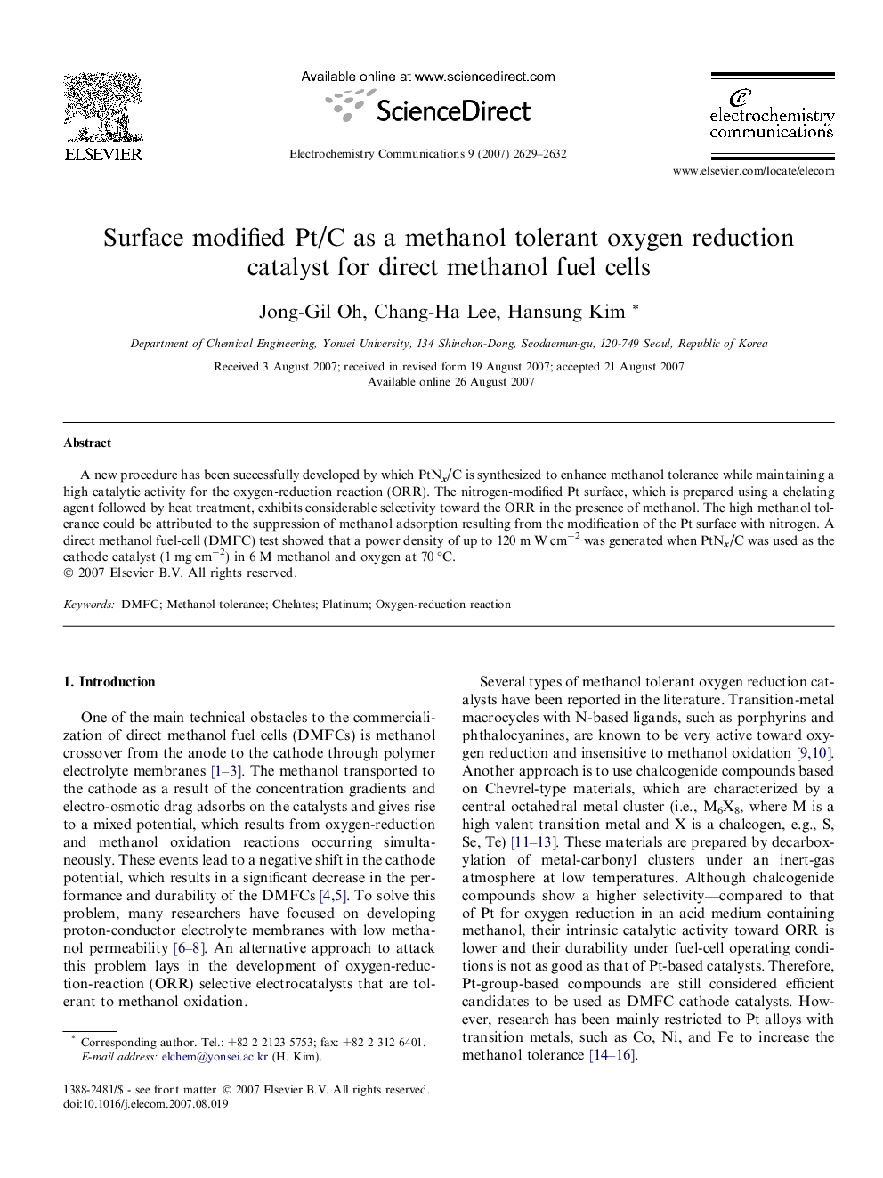 Surface modified Pt/C as a methanol tolerant oxygen reduction catalyst for direct methanol fuel cells