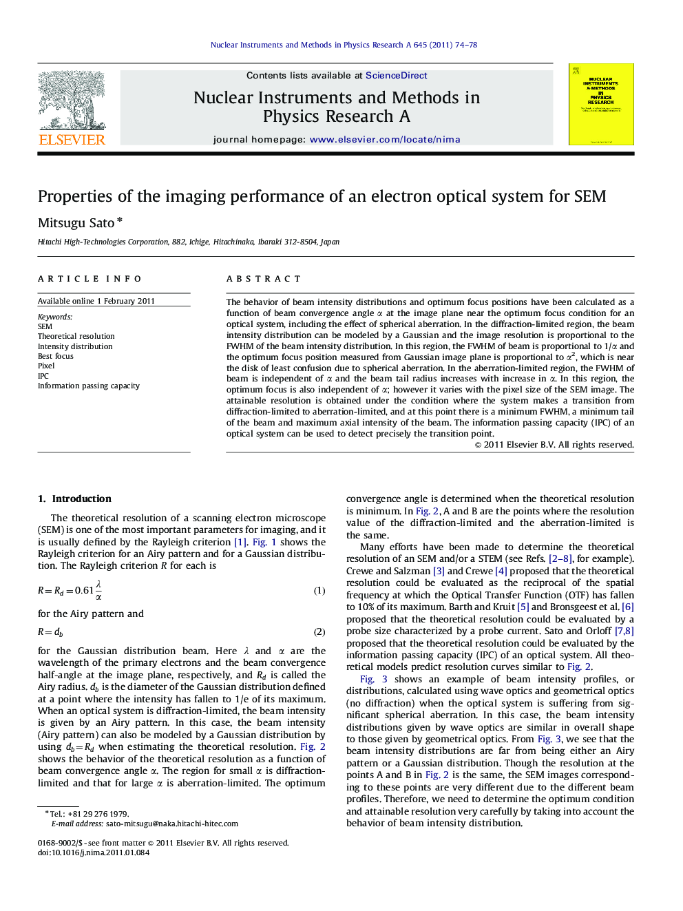 Properties of the imaging performance of an electron optical system for SEM